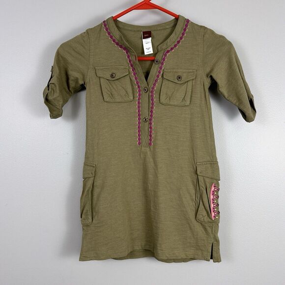 Tea Collection Outback Dress Girls Size 4 Army Green Cargo Pockets 100% Cotton - Picture 1 of 7